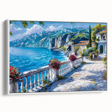 Framed canvas vintage poster art featuring colorful, stylized architectural houses, ideal for large living room walls.