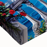 Black and white landscape art painting on stretched canvas depicting a detailed architectural scene.