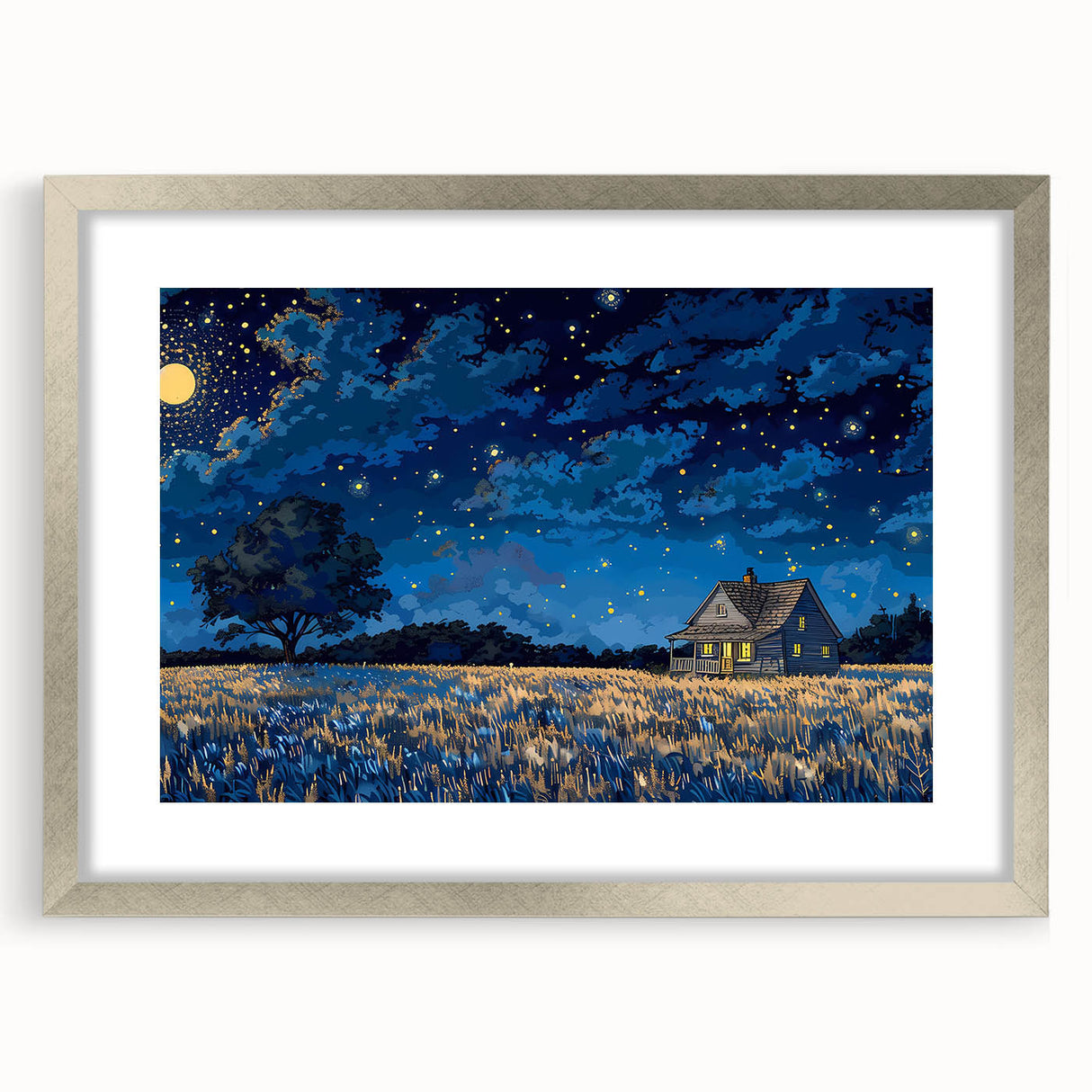 Textured abstract art print featuring a mix of muted gray and blue tones, displayed in a silver frame with mat.