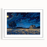 Abstract art print featuring geometric shapes in muted gray and blue tones on a framed white canvas.