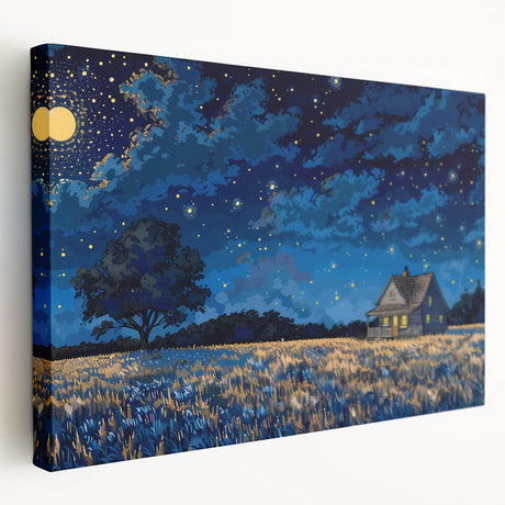 Large stretched canvas featuring a row of colorful, abstract houses, ideal for kitchen wall art.
