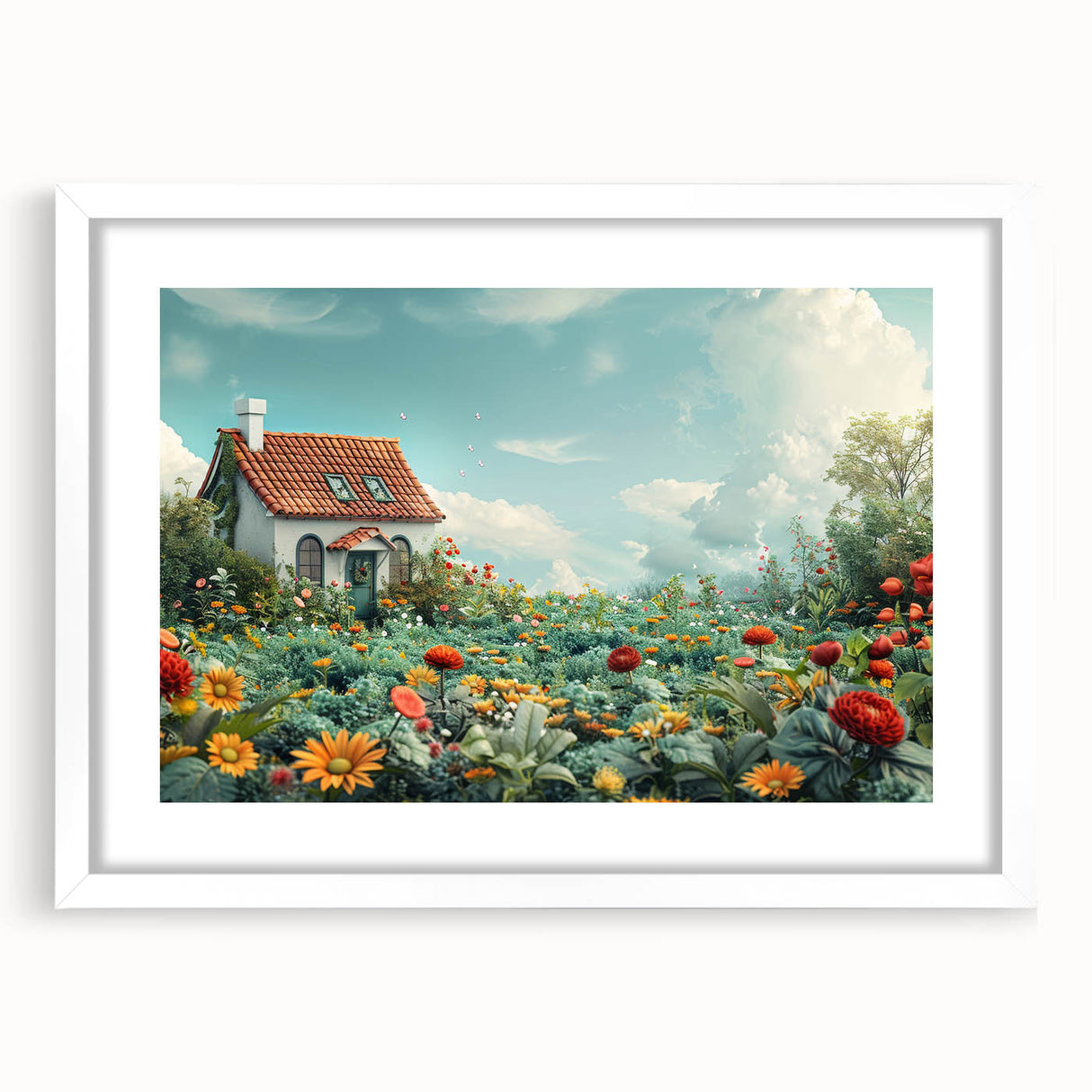Abstract art prints of geometric houses in muted earth tones on a white framed poster.