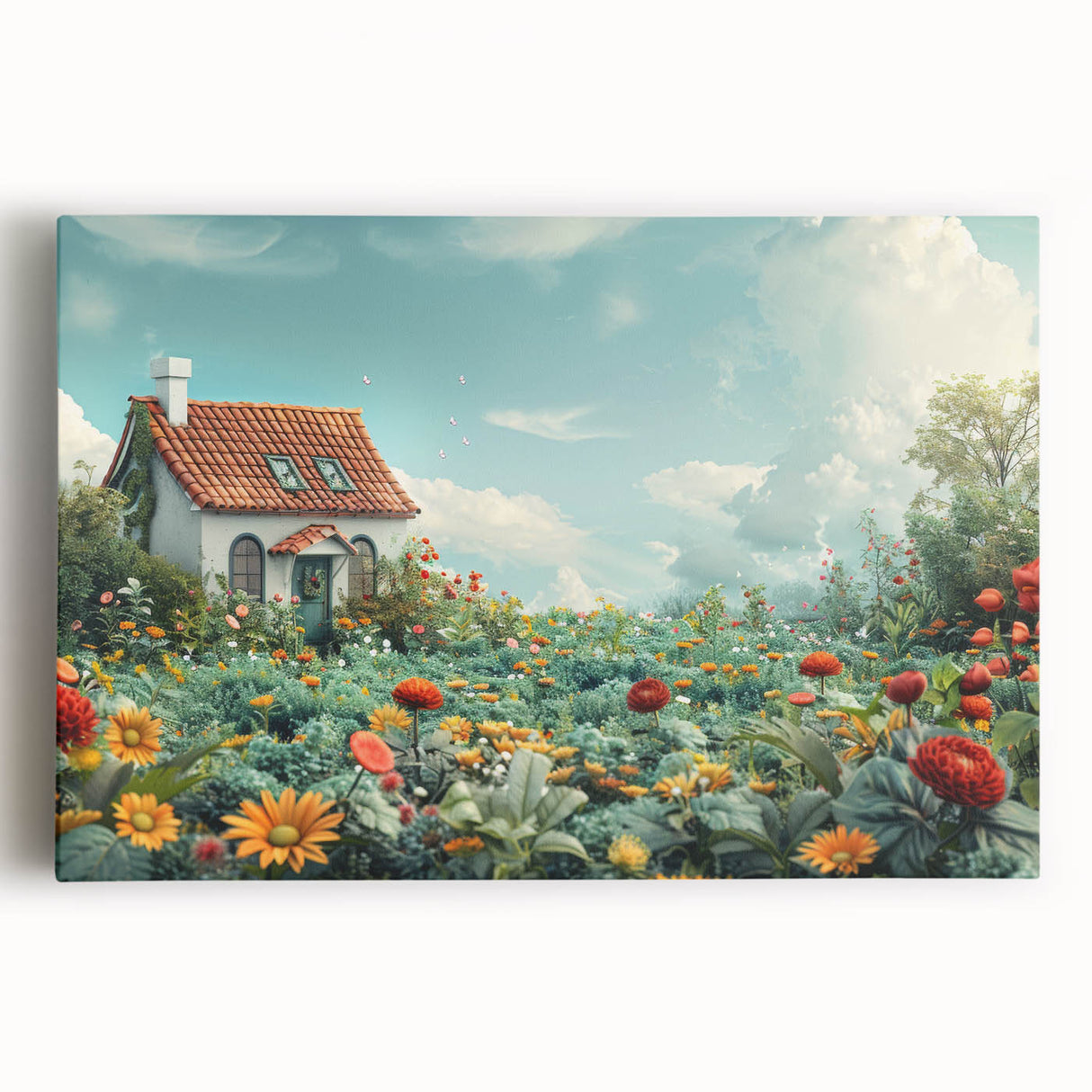Black and white large art print of architectural house designs on stretched canvas.