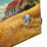 Large abstract wall art on acrylic featuring mid-century modernist architecture in muted earth tones.