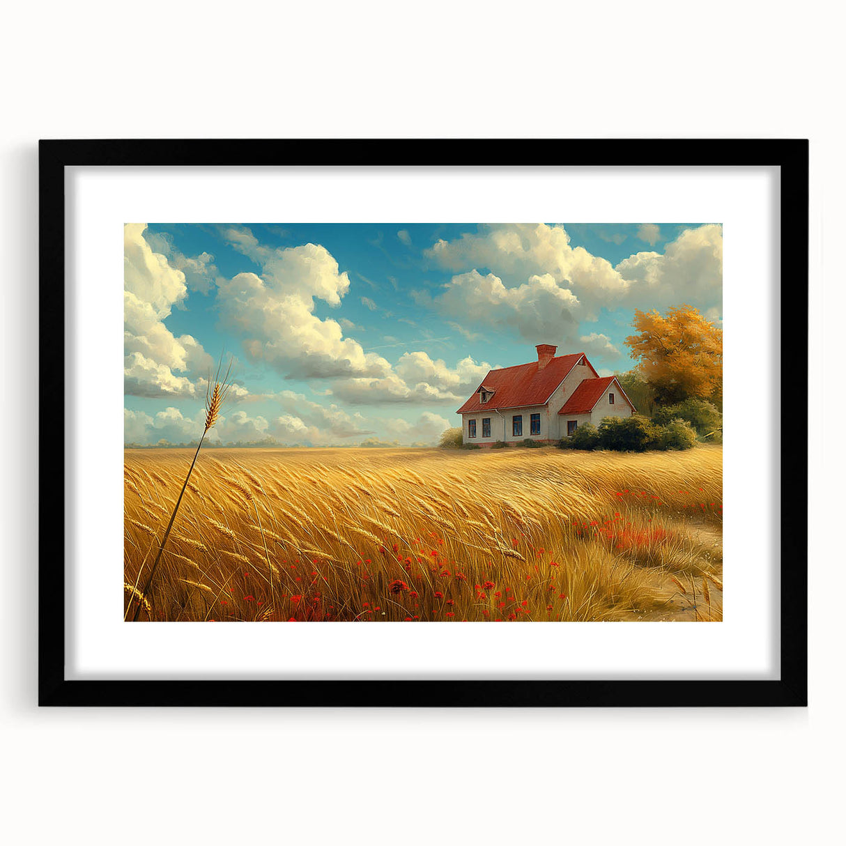 Extra large wall art featuring a colorful abstract art print of textured houses, in a black frame.