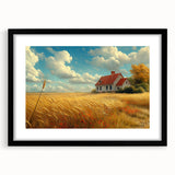 Extra large wall art featuring a colorful abstract art print of textured houses, in a black frame.