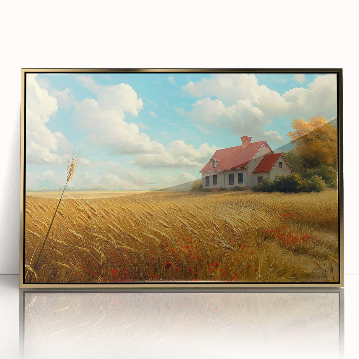 Mid-century modernist architecture with gold tones on a framed acrylic, ideal for modern art wall decor.