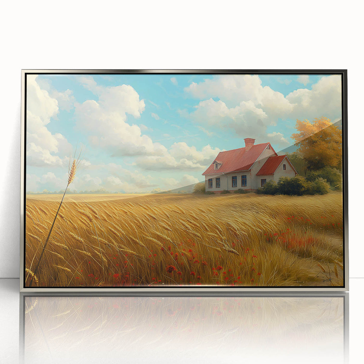 Mid-century modernist art of geometric houses in muted earth tones, silver-framed acrylic print.