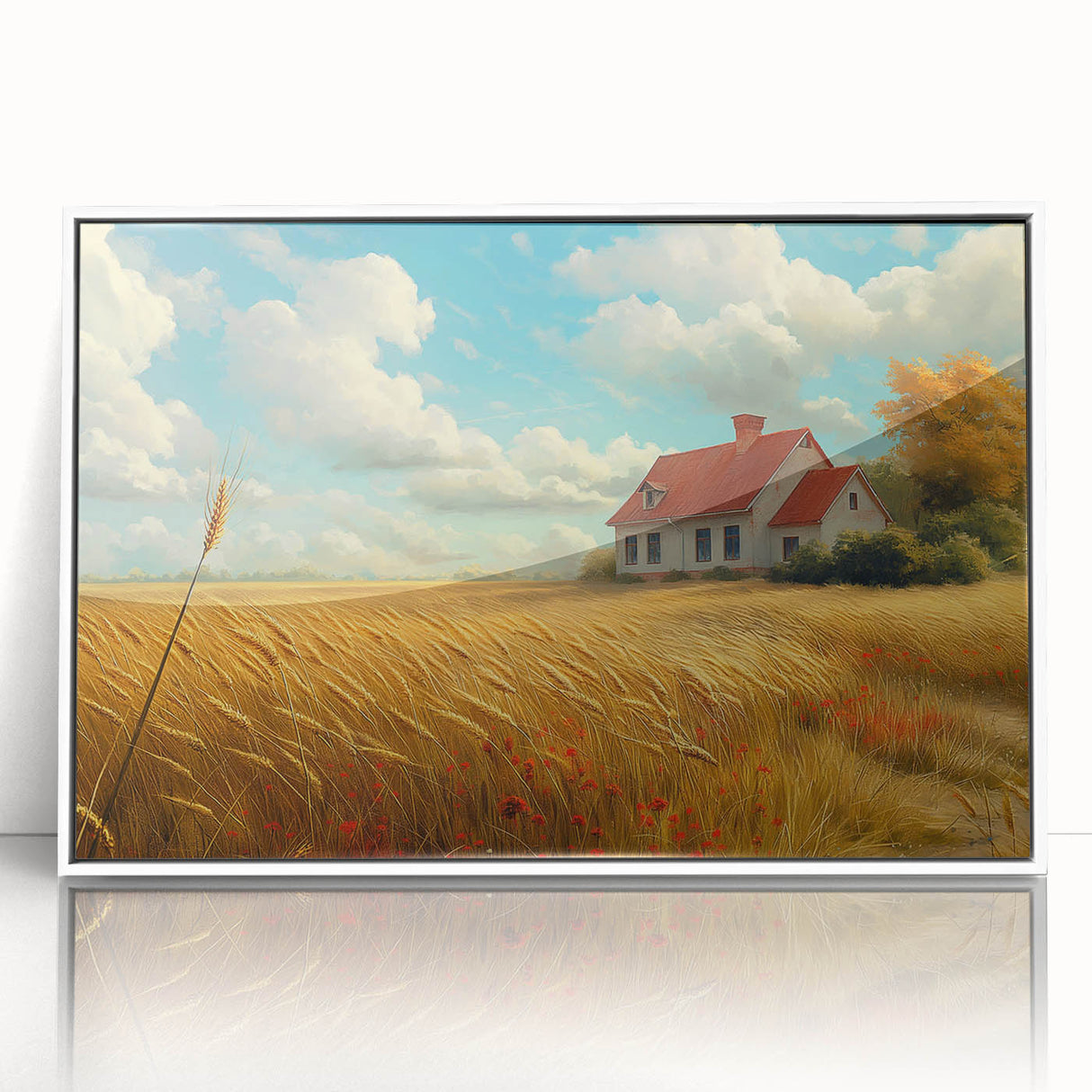 Art deco style poster featuring geometric patterns and soft pastel colors on a white framed acrylic.