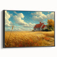 Black and white framed canvas featuring a vintage poster art style landscape painting, suitable for bedroom decor.
