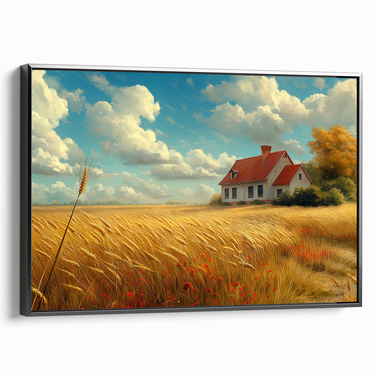 Black and white framed canvas featuring a vintage poster art style landscape painting, suitable for bedroom decor.