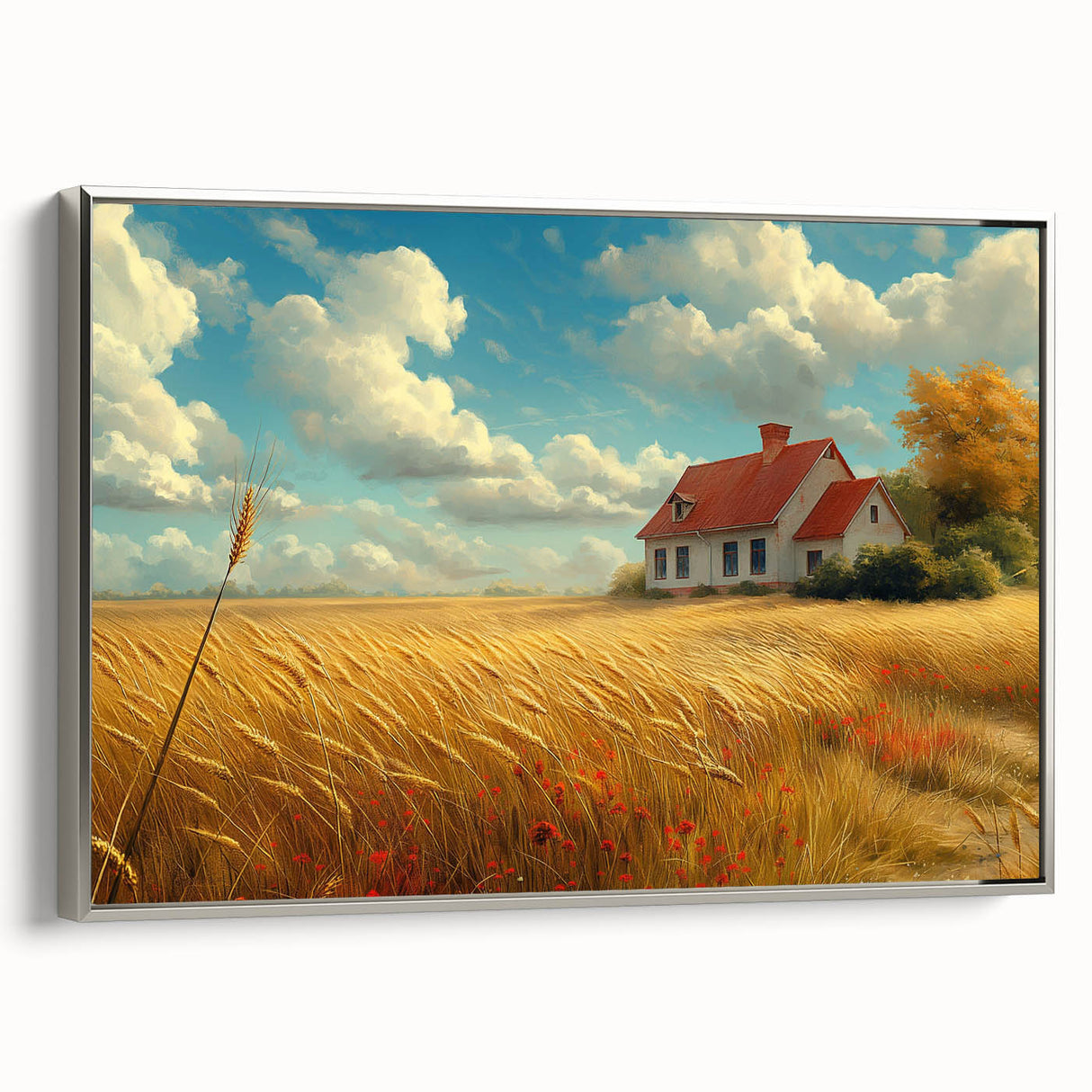 Framed canvas of a vintage landscape art painting, featuring colorful houses in a row with muted gray and black tones.
