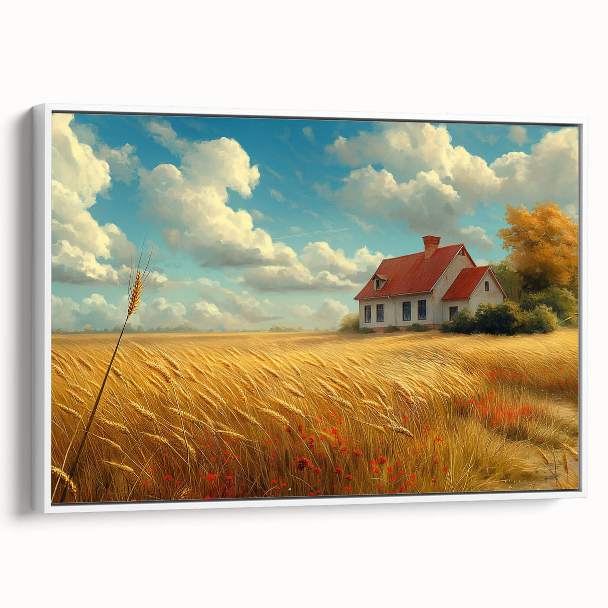 Vintage poster art of colorful, abstract houses on a large framed canvas, ideal for living room decor.