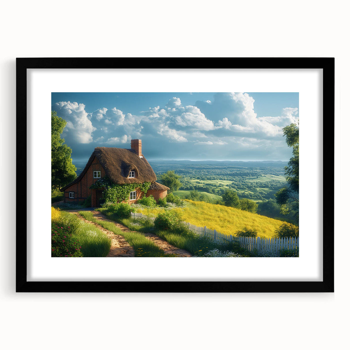 Extra large abstract art print featuring colorful, textured houses in a black frame, ideal for living room decor.