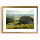Extra large abstract art print featuring textured designs in muted earth tones, framed in gold.
