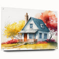 Large abstract wall art on acrylic glass featuring a mix of geometric shapes in blue and gray tones.