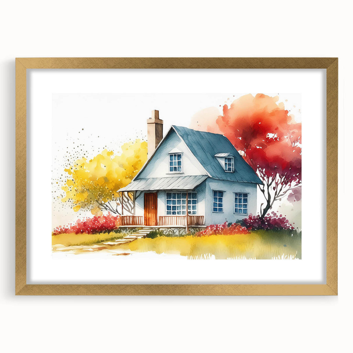 Extra large abstract art print of textured houses in muted earth tones, framed in gold, ideal for living room decor.