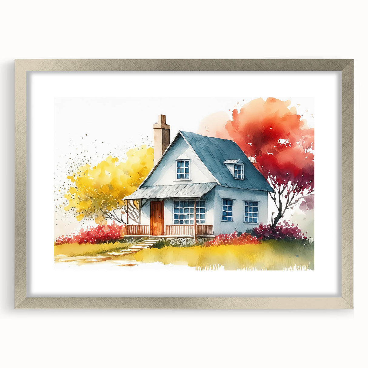 Textured art print of abstract houses in muted gray and blue tones, framed in silver, ideal for bedroom ambiance.