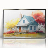 Mid-century modernist art of architectural houses in muted earth tones on framed acrylic, ideal for nursery wall art.