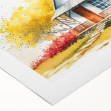 Art deco poster featuring a geometric skyline design in muted gold and navy tones on rolled canvas.