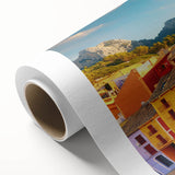 Art Deco poster of stylized buildings in pastel shades on rolled canvas, ideal for nursery wall art.