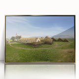 Mid-century modernist architecture with houses in gold and white, acrylic framed print, suitable for nursery wall art.