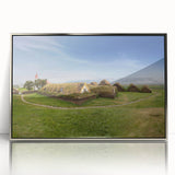 Mid-century modernist art depicting geometric houses in muted colors on a framed acrylic, ideal for nursery wall decor.