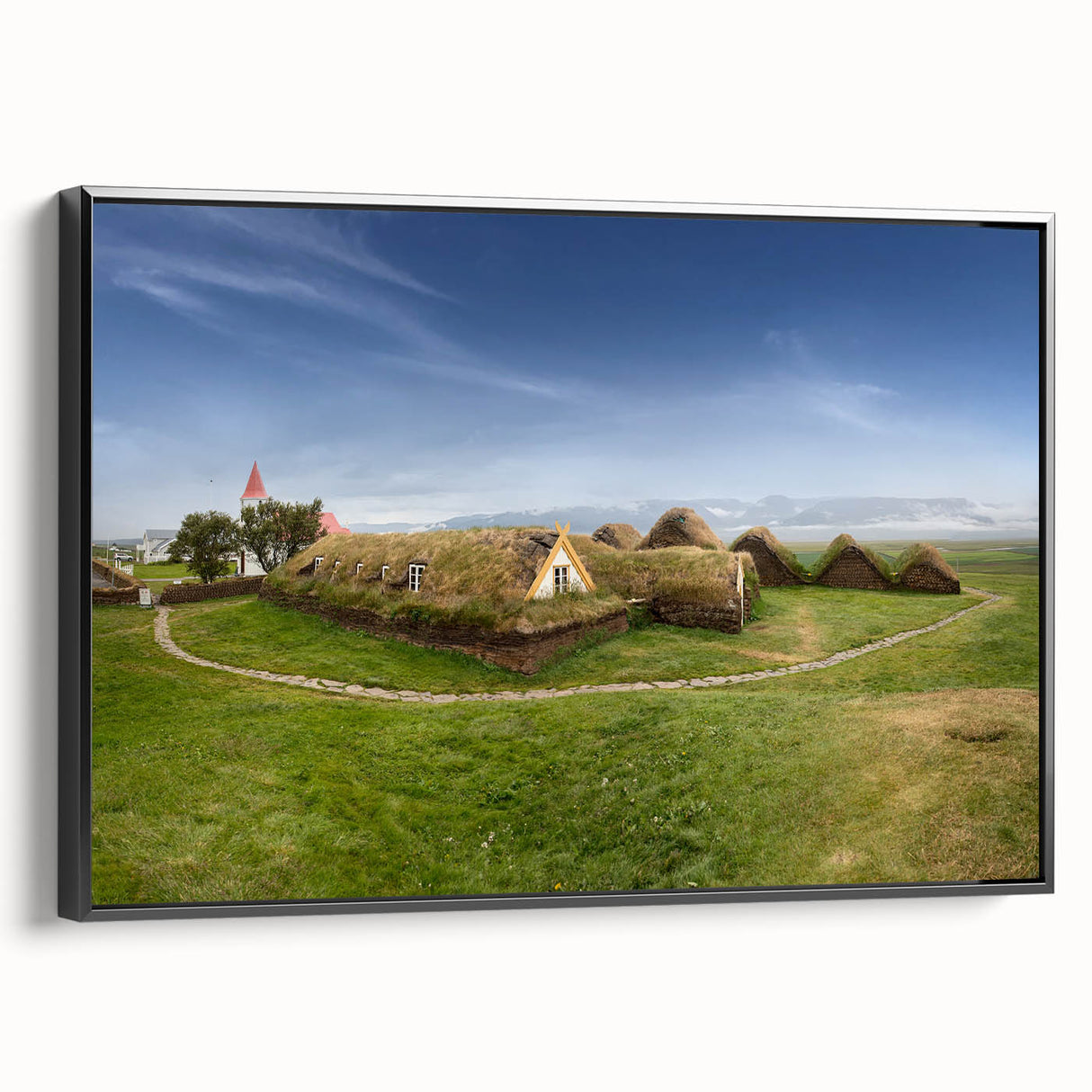 Black and white landscape art painting of vintage houses, framed canvas, ideal for bedroom wall decor.