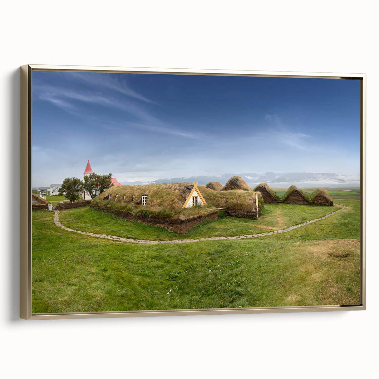 Landscape art painting of colorful houses in a vintage poster style, framed canvas, ideal for living room decor.