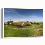 Vintage poster art of colorful, stylized houses on extra large framed canvas, ideal for living room decor.