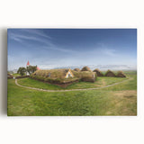 Black and white architectural design on large stretched canvas, featuring a series of unique house facades.