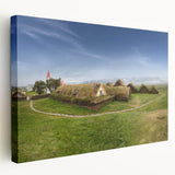 Modern architecture-themed stretched canvas featuring a row of colorful houses, ideal for kitchen wall art.