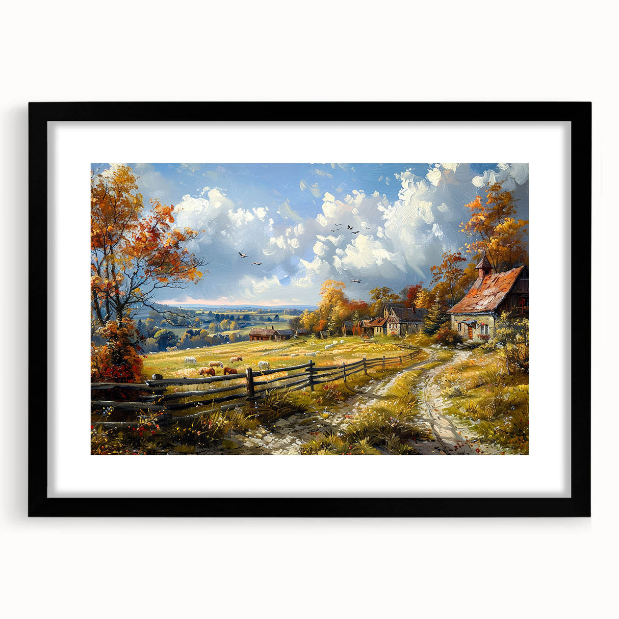 Extra large abstract art print on canvas, featuring a colorful, textured design of whimsical houses.