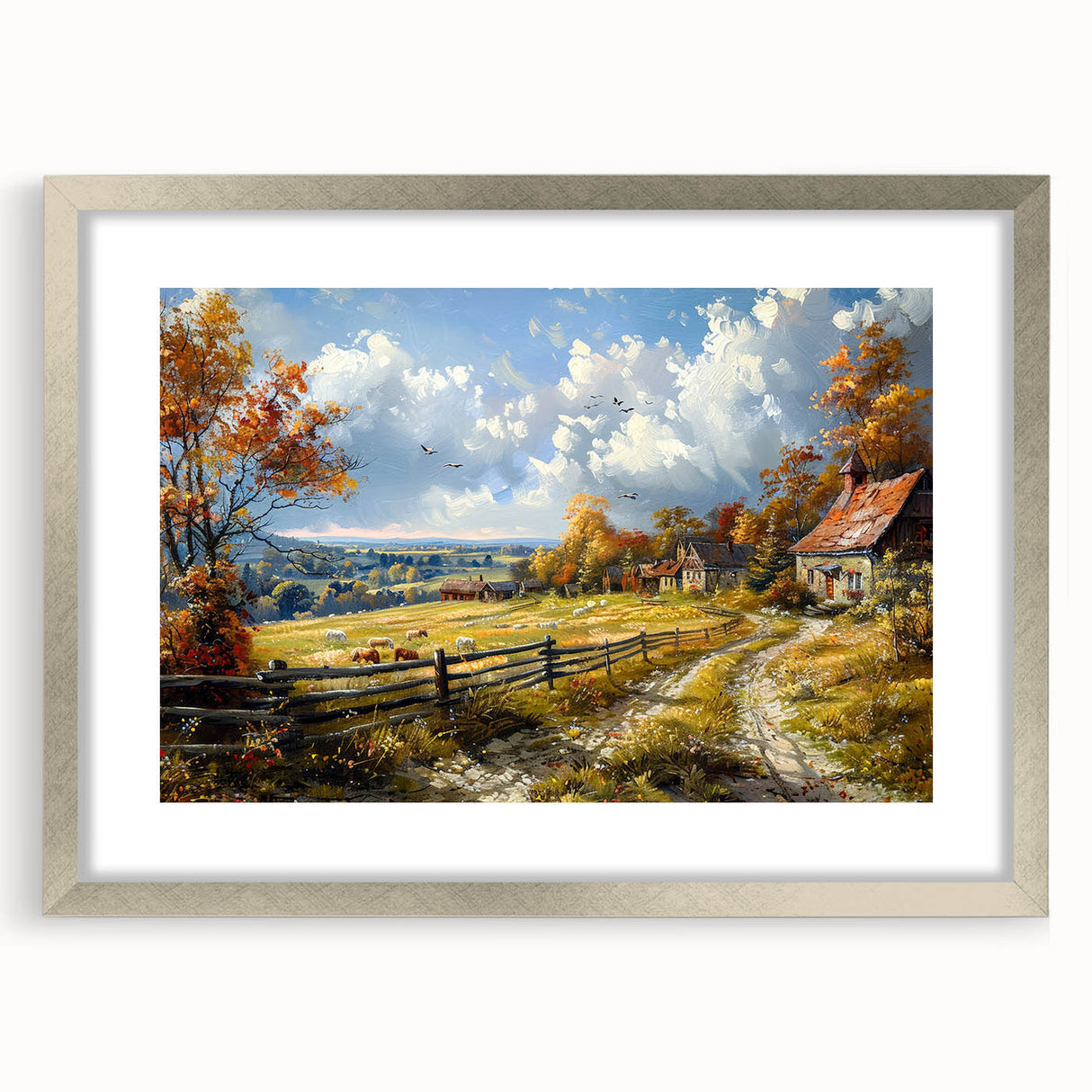 Textured abstract art print of clustered houses in muted earth tones, framed in silver, suitable for bedroom decor.