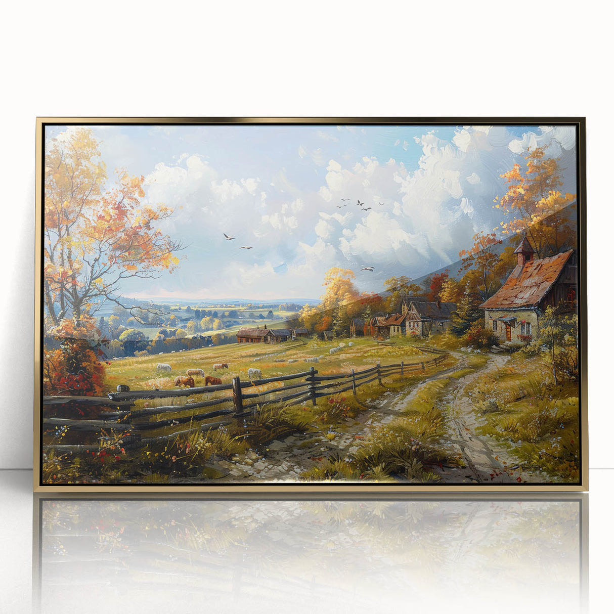 Mid-century modernist acrylic print of stylized houses in gold and black, ideal for modern art wall decor.