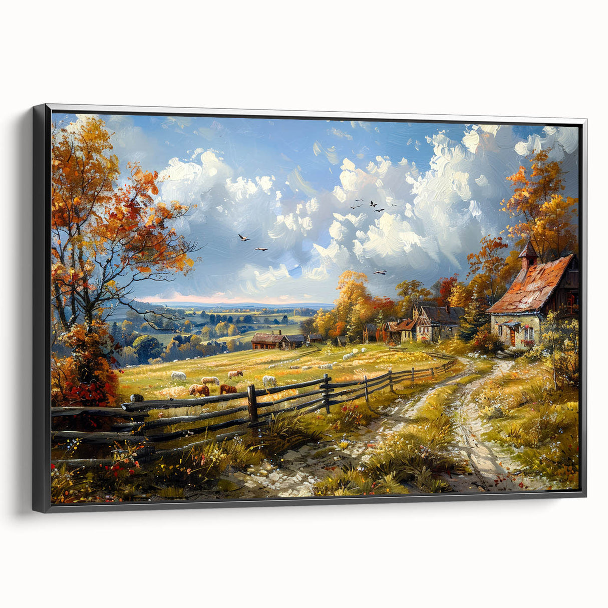 Black and white vintage poster art of architectural houses in a landscape, printed on a framed canvas.