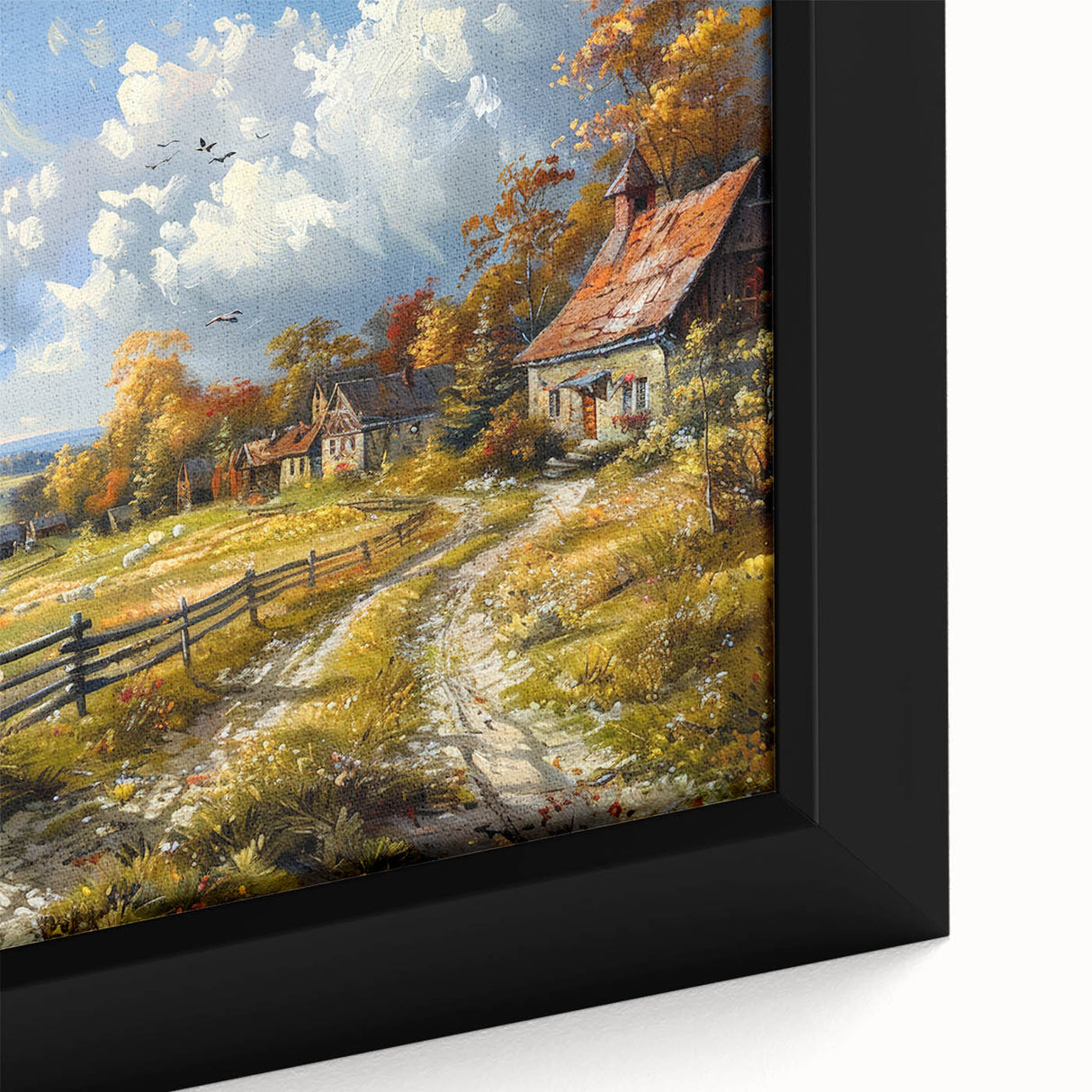 Extra large framed canvas featuring textured, colorful art of abstract houses in black, ideal for living room decor.