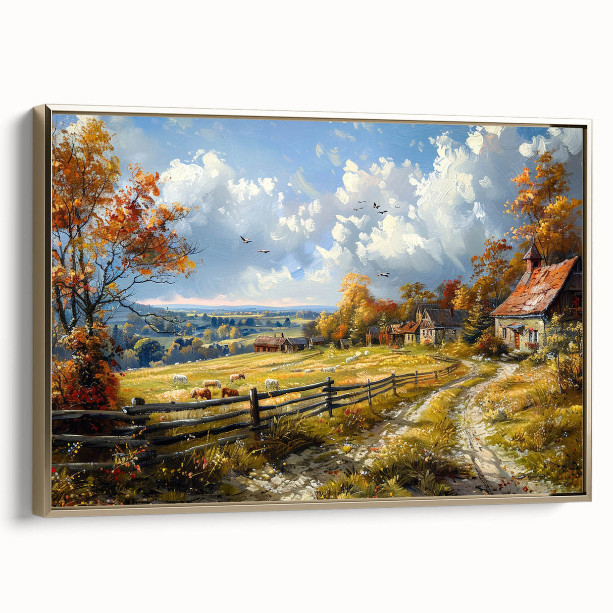 Framed canvas featuring a vintage poster art style landscape with muted earth tones, ideal for bedroom wall decor.