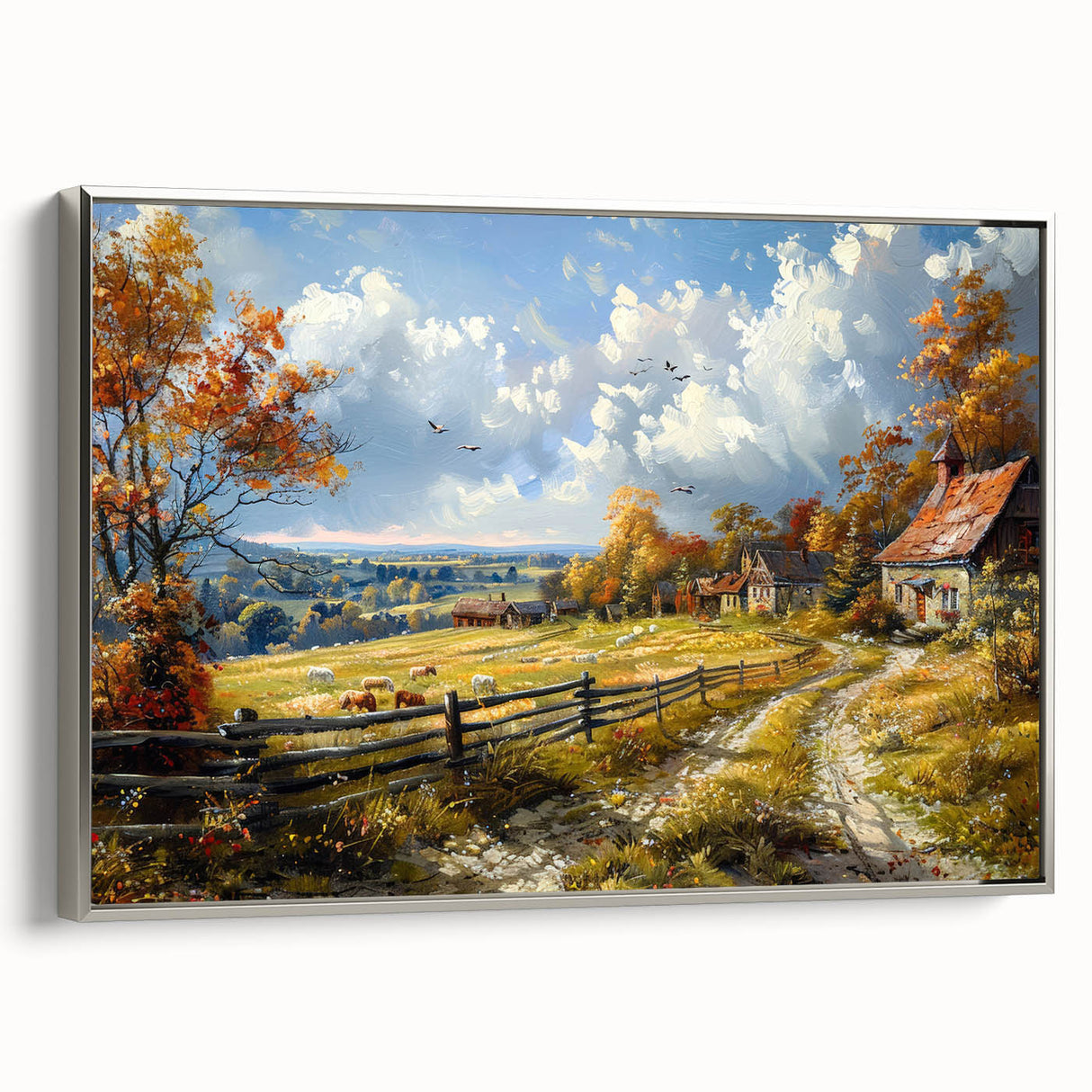 Framed canvas landscape art painting depicting a row of colorful vintage houses.