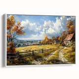 Vintage poster art of colorful houses, printed on a large framed canvas, ideal for living room decor.