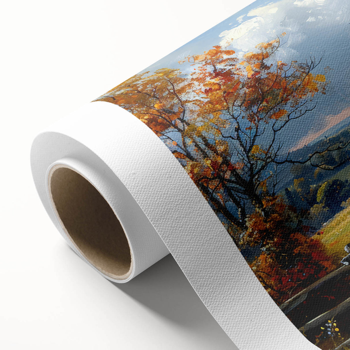 Art Deco poster of stylized houses in muted earth tones on rolled canvas, ideal for nursery wall art or dining room.