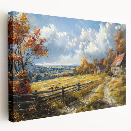 Large stretched canvas depicting a row of colorful, stylized houses, suitable for kitchen wall art.