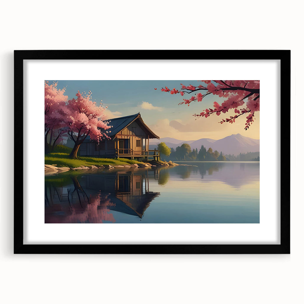 Extra large abstract art print featuring a colorful, textured design of whimsical houses, on a framed black mat.
