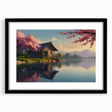 Extra large abstract art print featuring a colorful, textured design of whimsical houses, on a framed black mat.
