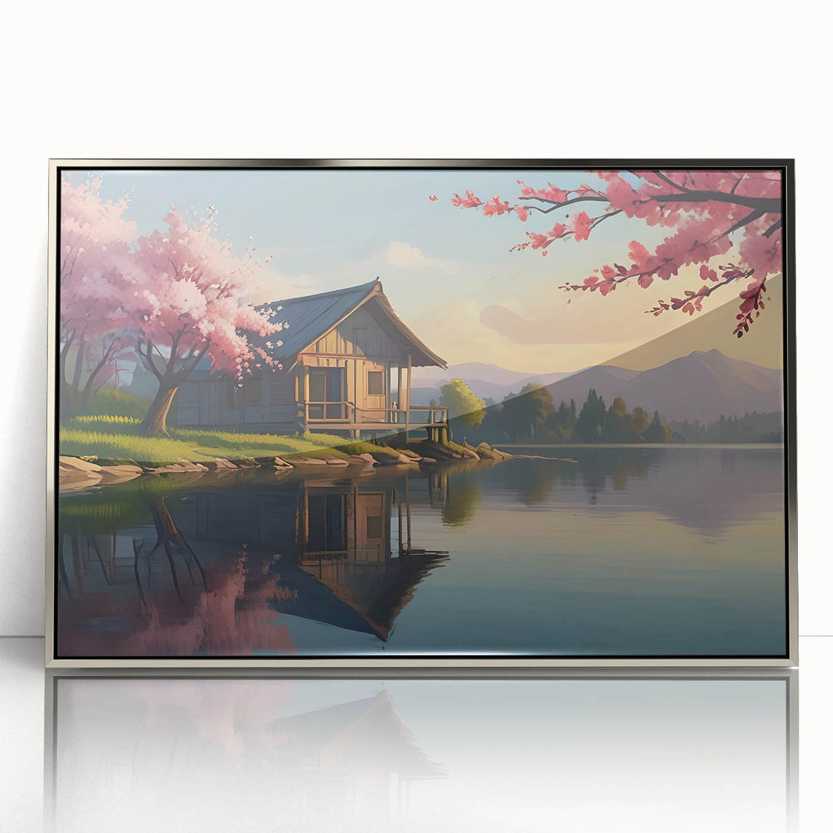 Mid-century modernist art depicting architectural houses in muted earth tones on a framed acrylic print.