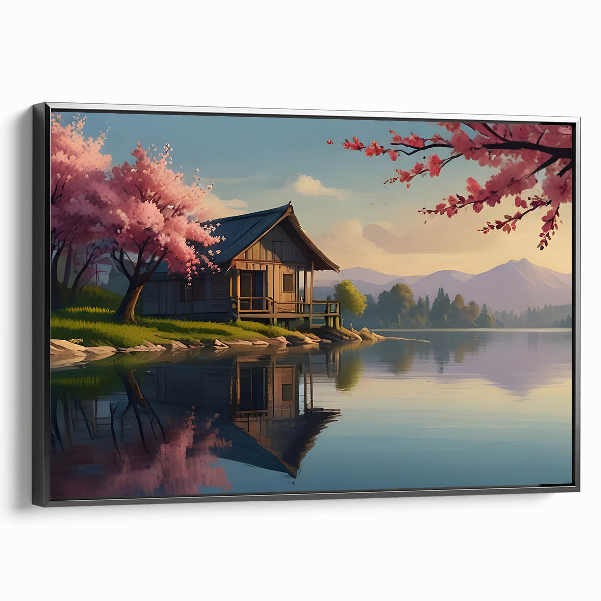 Black and white landscape art painting of vintage houses on framed canvas, ideal for bedroom wall decor.