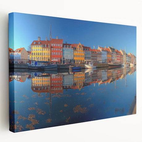 Large art depicting a row of colorful houses in a semi-realistic style on stretched canvas, suitable for kitchen wall art.