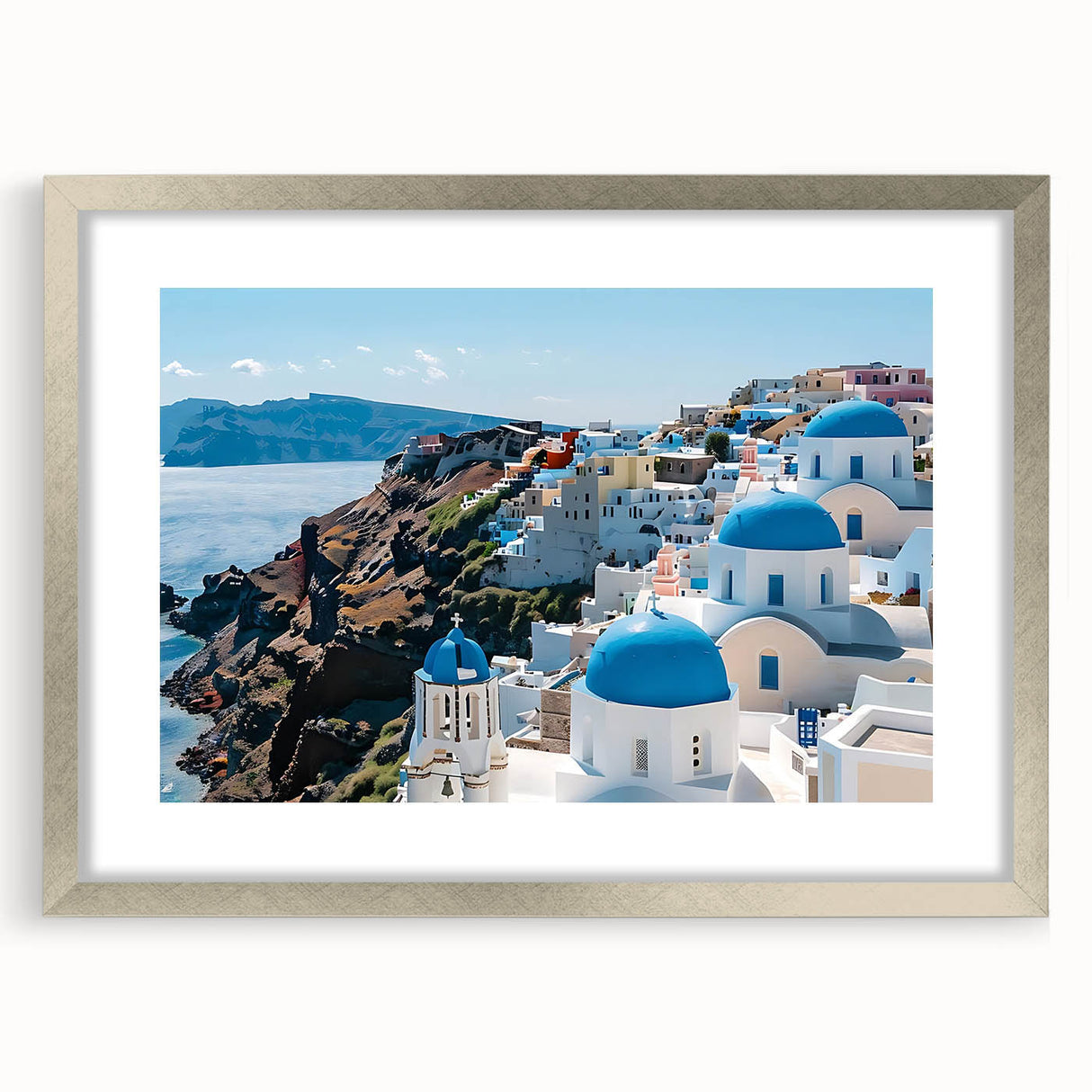 Textured abstract art print featuring geometric shapes in muted earth tones, framed in silver, ideal for bedroom art.