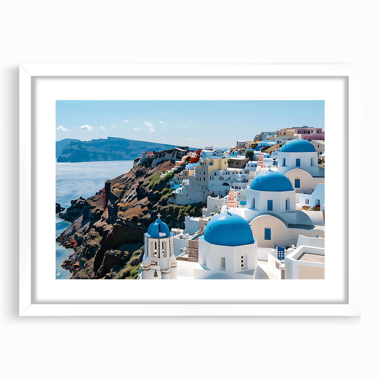 Abstract art print featuring geometric shapes in muted gray and blue tones on a white framed canvas.