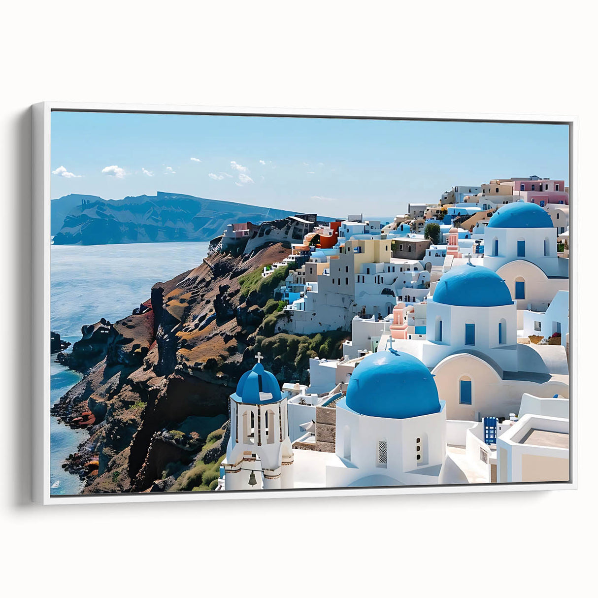 Vintage poster art of colorful houses on extra large framed canvas, ideal for living room decor.
